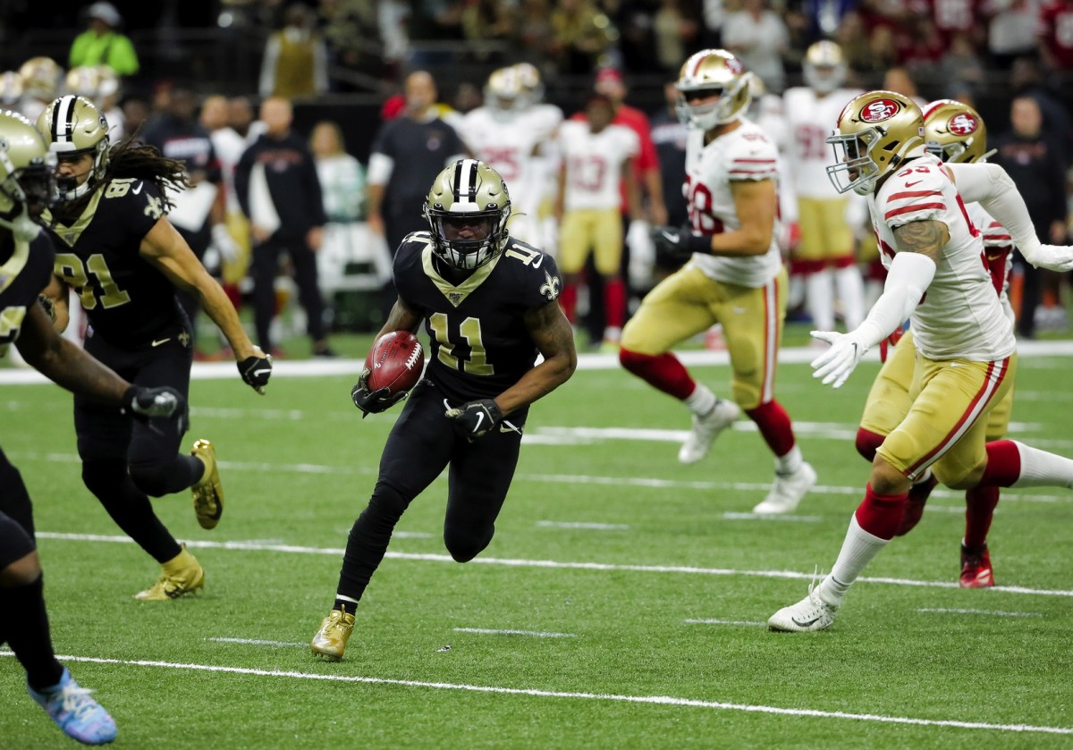 Dec 8, 2019; New Orleans, LA, USA; New Orleans Saints punt returner Deonte Harris (11) carries the ball during the first half against the San Francisco 49ersat the Mercedes-Benz Superdome. Mandatory Credit: Derick E. Hingle-USA TODAY Sports
