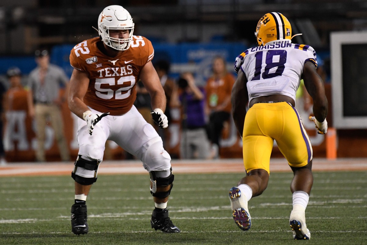 Sep 7, 2019; Austin, TX, USA; Texas Longhorns left tackle Samuel Cosmi (52) in the first half against the Louisiana State Tigers at Darrell K Royal-Texas Memorial Stadium. Mandatory Credit: Scott Wachter-USA TODAY Sports