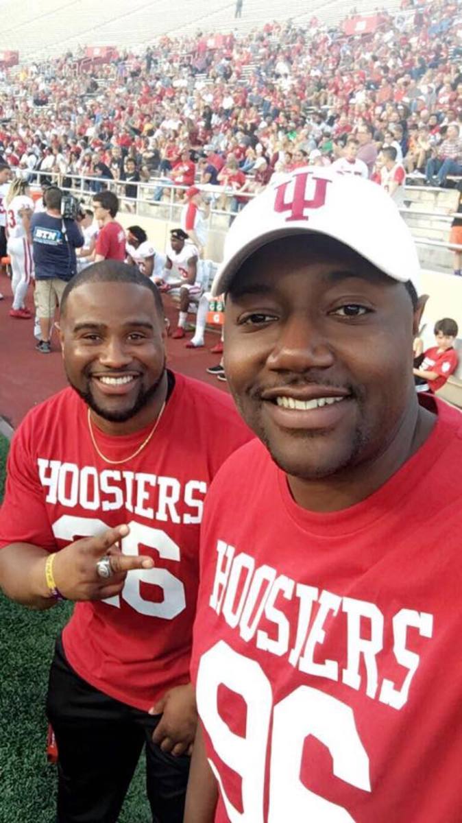 Brandon Mosley (left) and Chris Beaty on the sidelines during a recent Indiana University football game. 