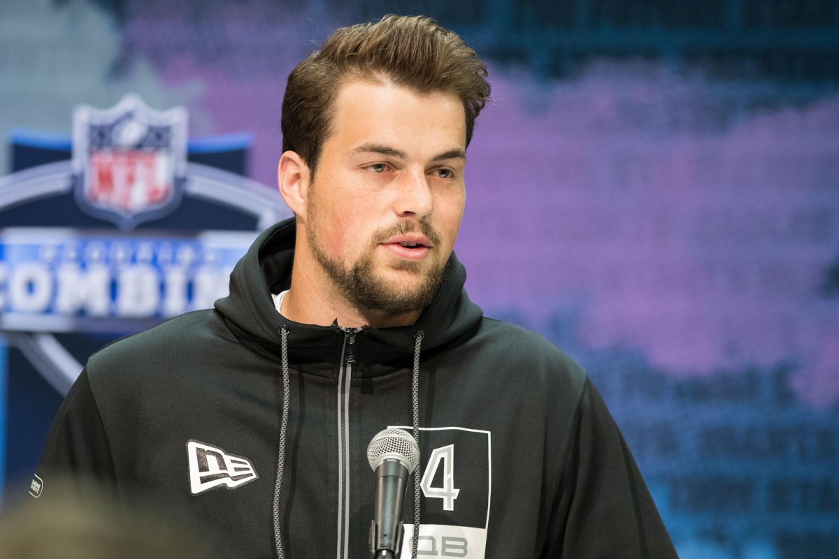 Washington quarterback Jacob Eason speaks to reporters during February's NFL Scouting Combine in Indianapolis.