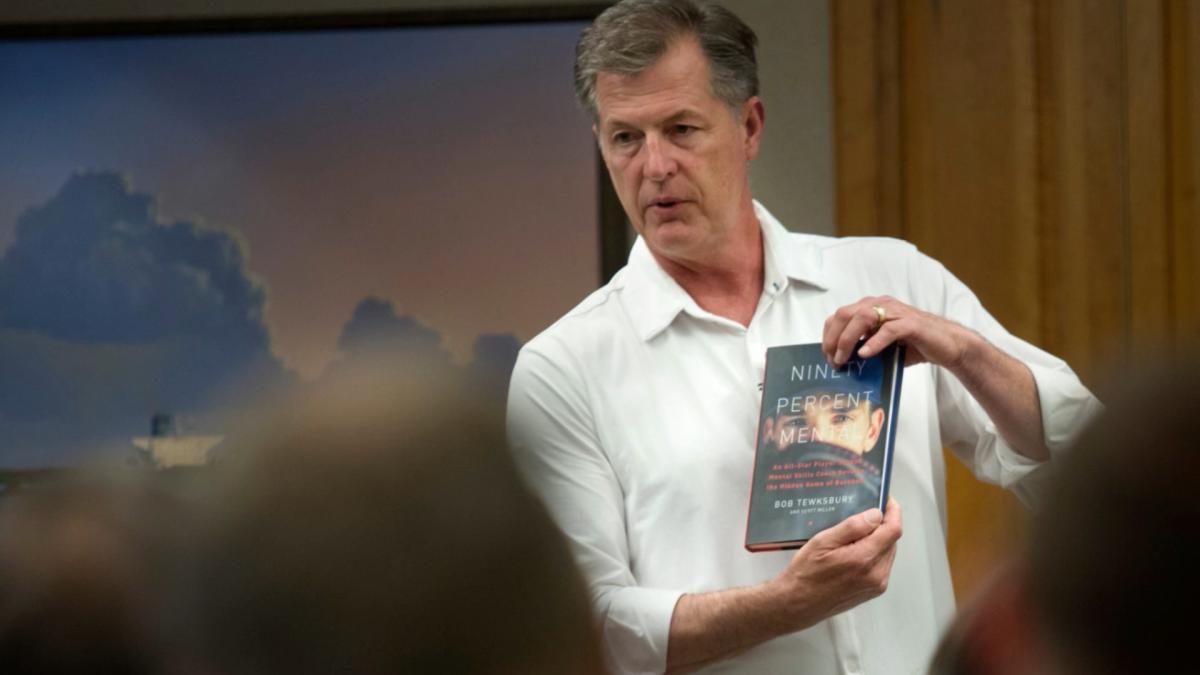 Bob Tewksbury giving a talk about his new book, 'Ninety Percent Mental' at the offices of Preti Flaherty