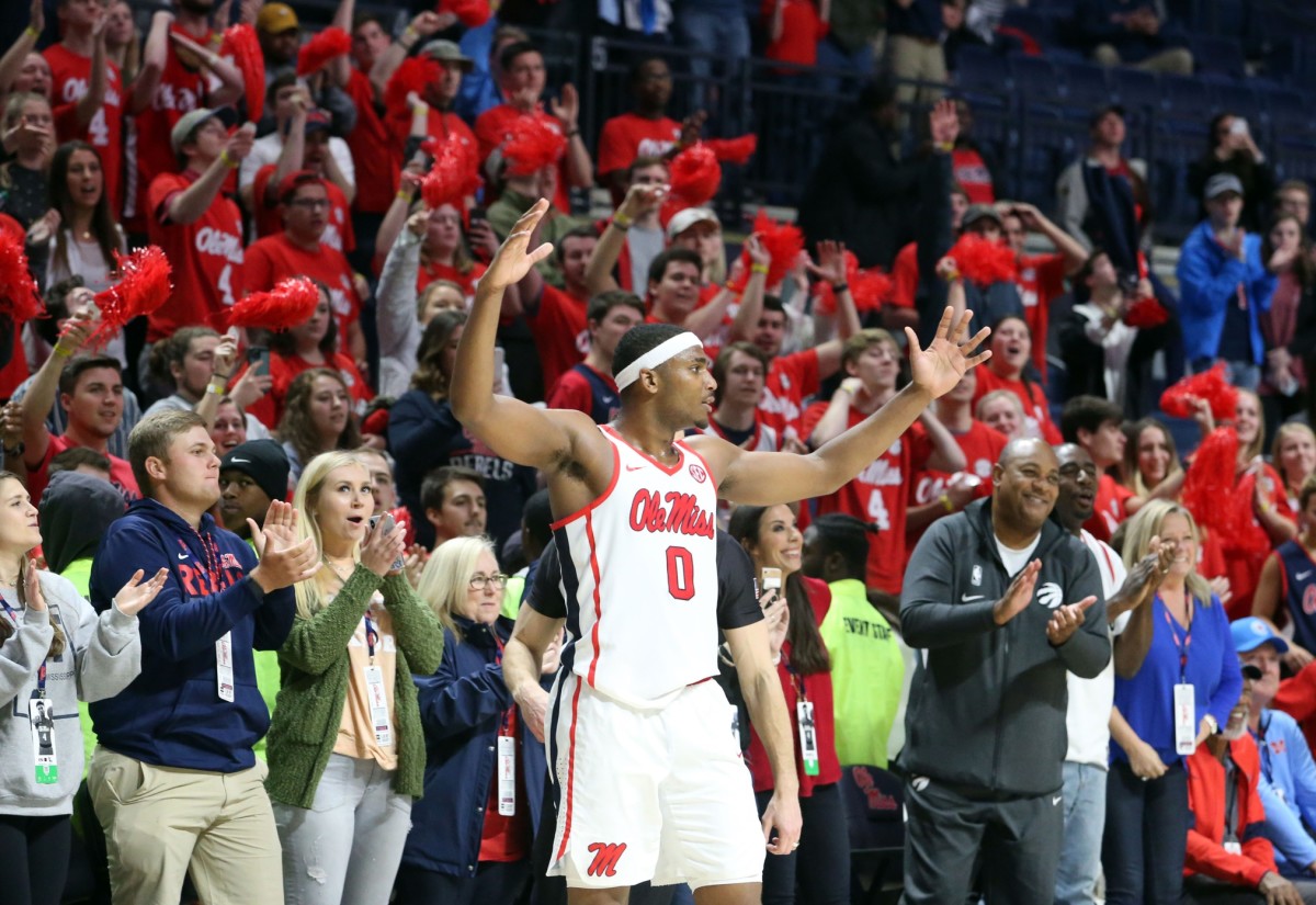 Mississippi Rebels guard Blake Hinson (0) celebrates during the final seconds during the second half against the Missouri Tigers at The Pavilion at Ole Miss. Mandatory Credit: Petre Thomas-USA TODAY Sports