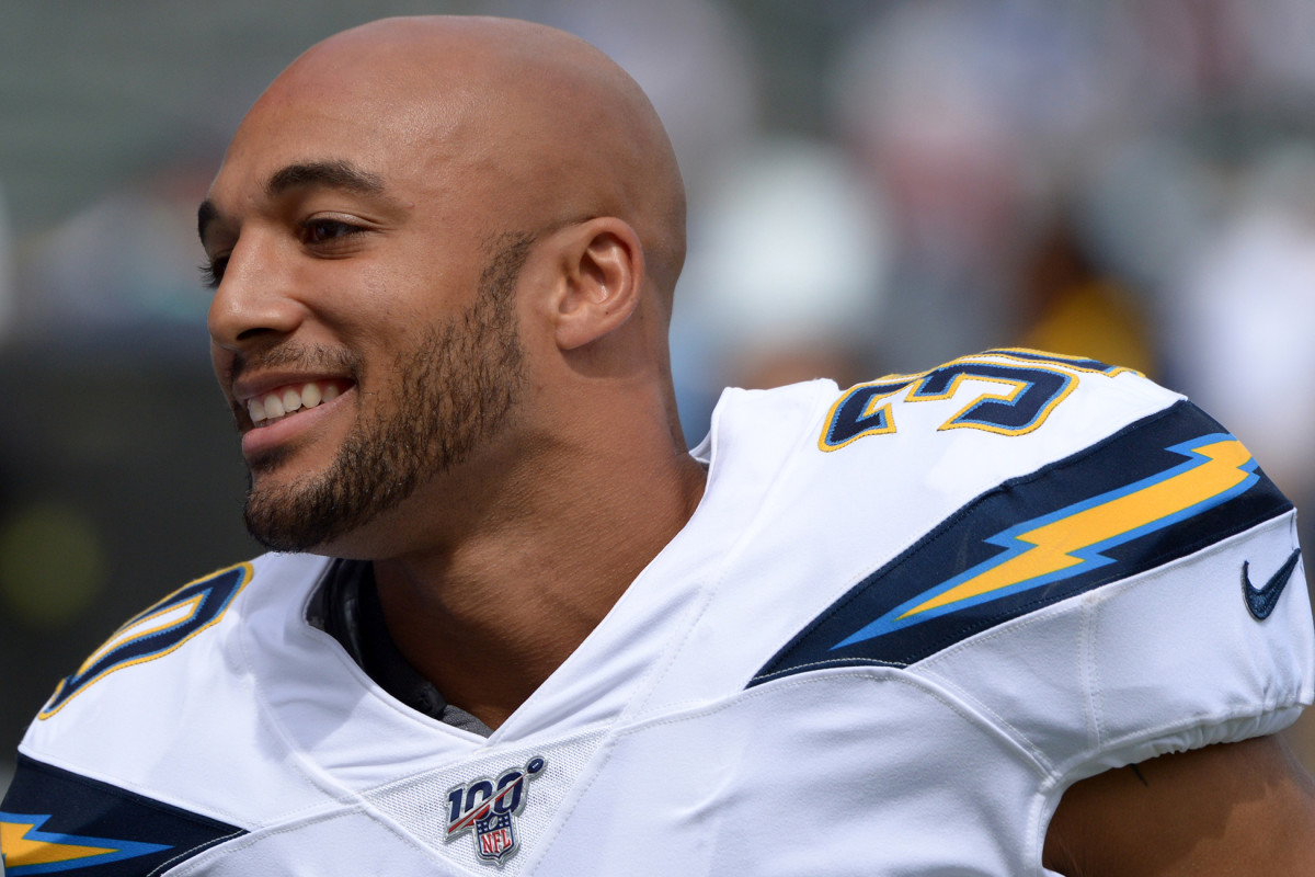 Chargers running back Austin Ekeler smiles before a game against the Houston Texans