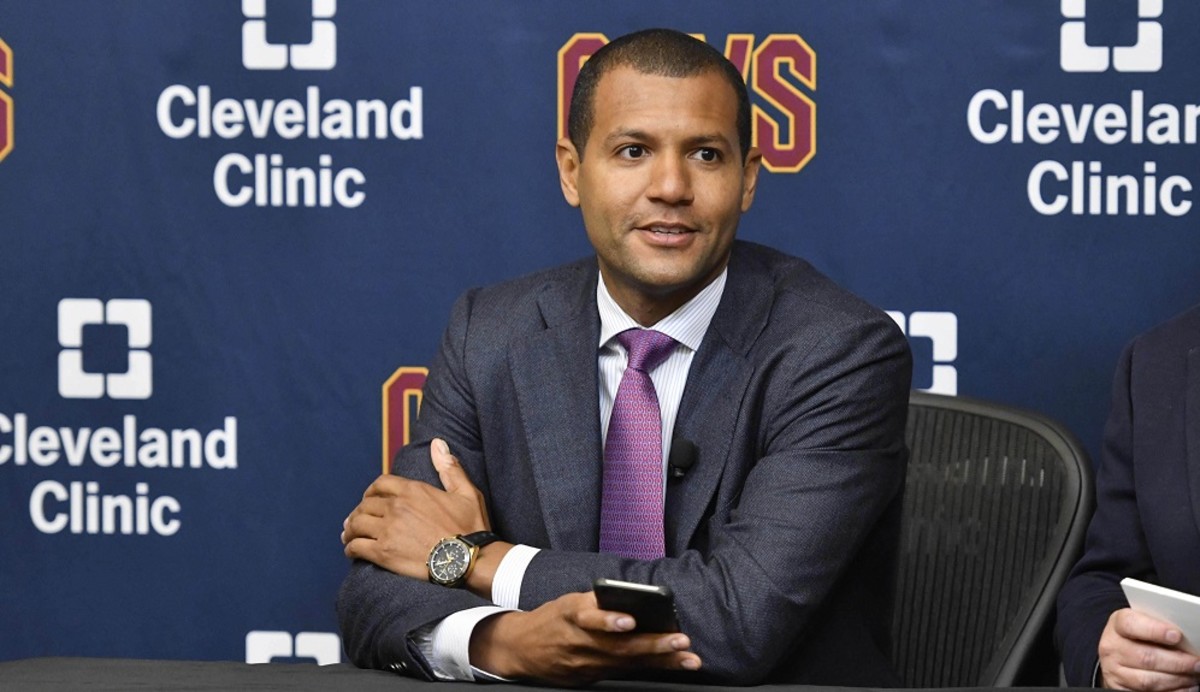 Cleveland Cavaliers general manager Koby Altman speaks to reporters during a press conference at Cleveland Clinic Courts.