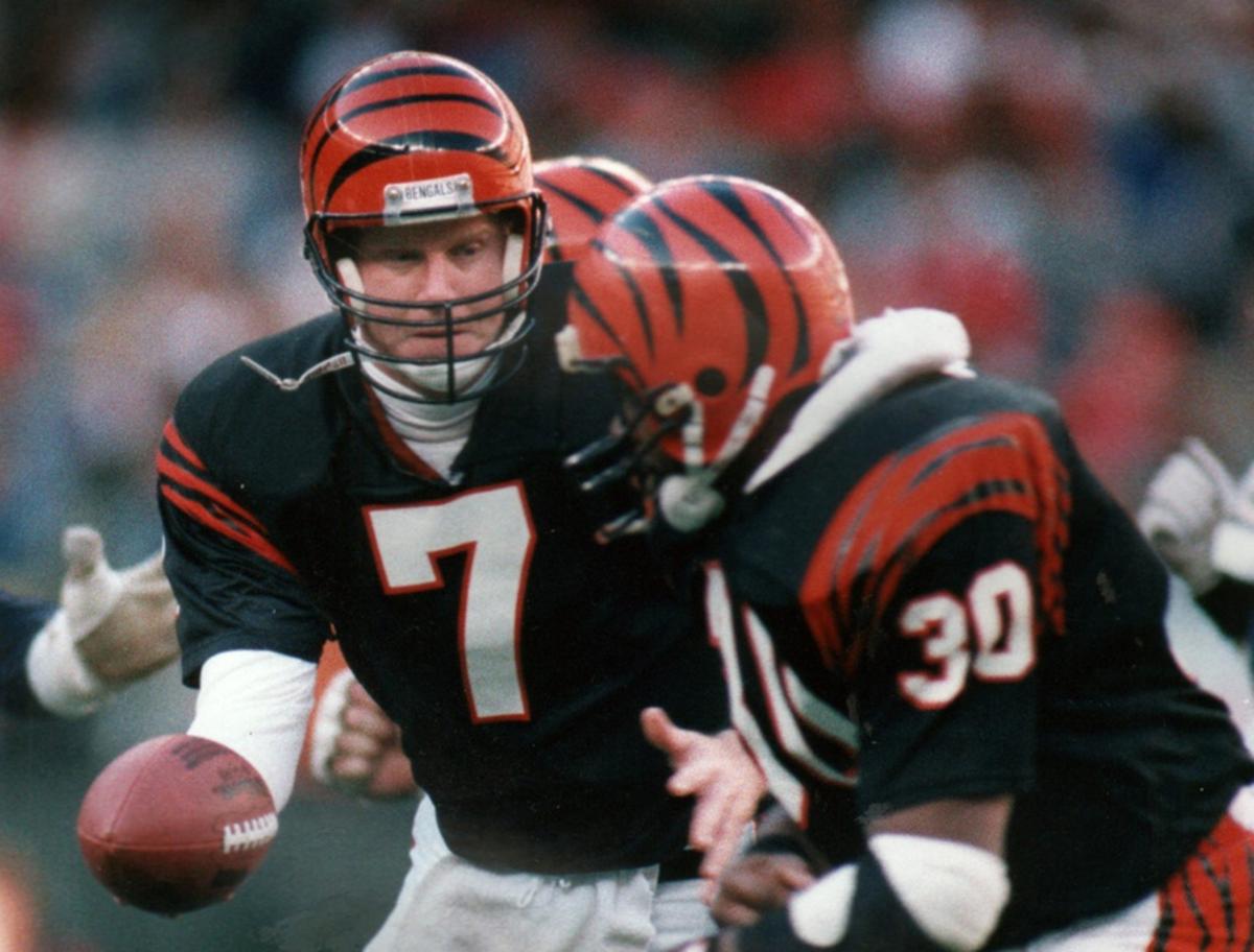 JANUARY 21, 1989: Quarterback Boomer Esiason, left, was named the NFL's MVP for his passing, but the running of rookie fullback Ickey Woods carried the Bengals through the AFC playoffs. The Bengals 1 1