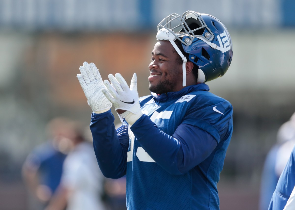 Jul 25, 2019; East Rutherford, NJ, USA; New York Giants defensive end B.J. Hill (95) reacts during the first day of training camp at Quest Diagnostics Training Center.