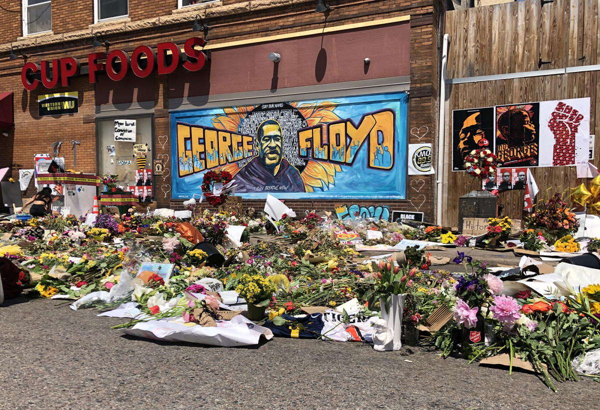 A memorial for George Floyd outside of Cup Foods