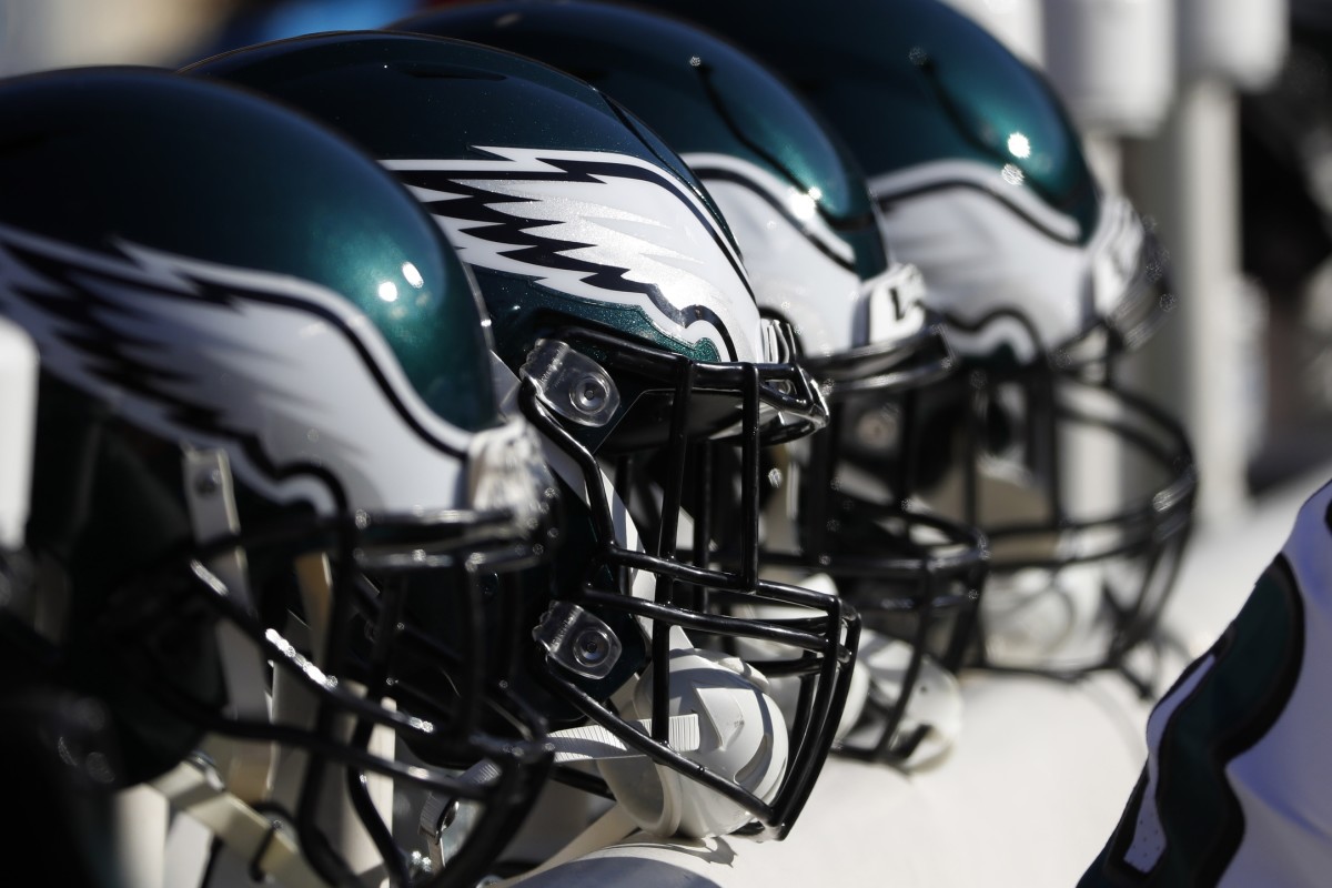 Dec 15, 2019; Landover, MD, USA; Philadelphia Eagles players helmets rest on the bench against the Washington Redskins in the first quarter at FedExField.