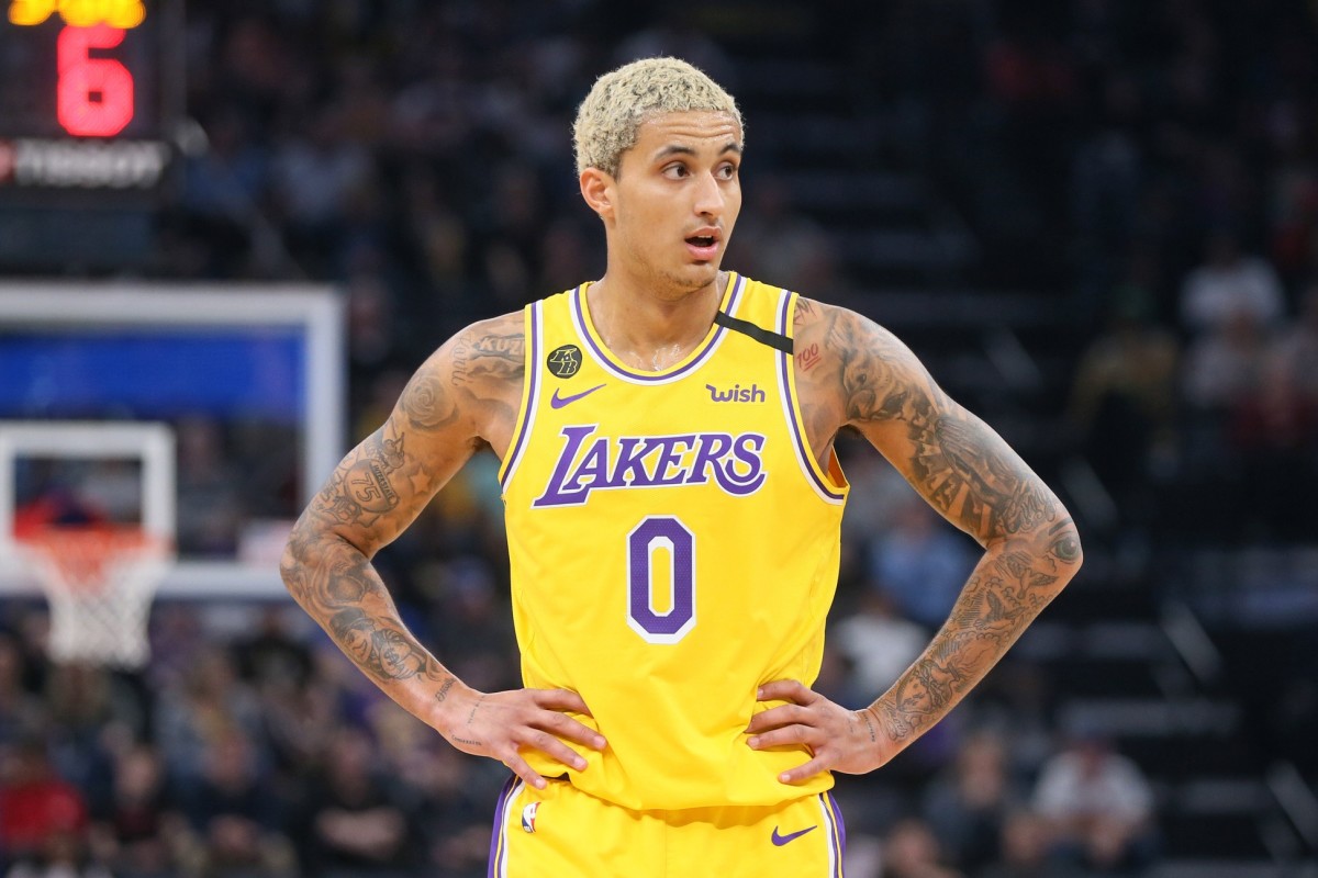 Feb 29, 2020; Memphis, Tennessee, USA; Los Angeles Lakers forward Kyle Kuzma (0) during the game against the Memphis Grizzlies at FedExForum. Memphis won 105-88. Mandatory Credit: Nelson Chenault-USA TODAY Sports