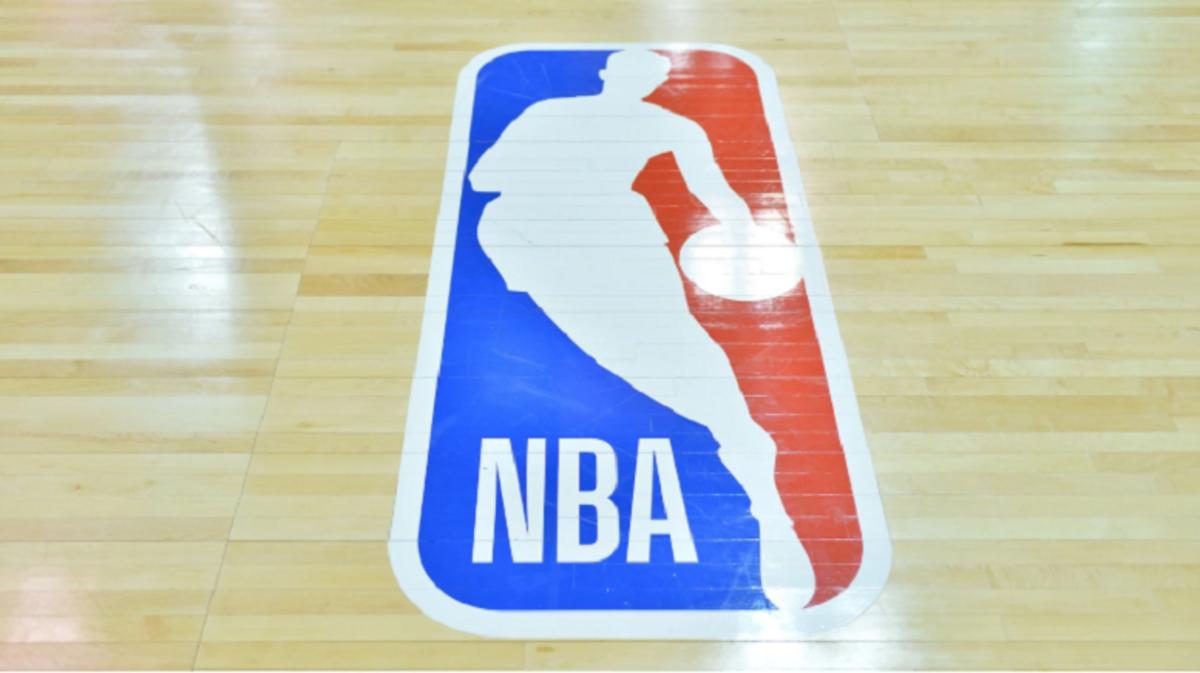 A general view of the NBA logo painted on a court.