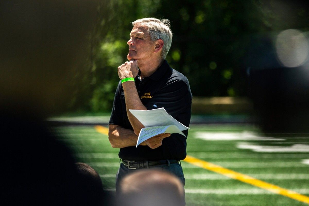 Iowa football coach Kirk Ferentz listens to his players speak during Friday's press conference. (Joseph Cress/Iowa City Press-Citizen for USA Today Sports)