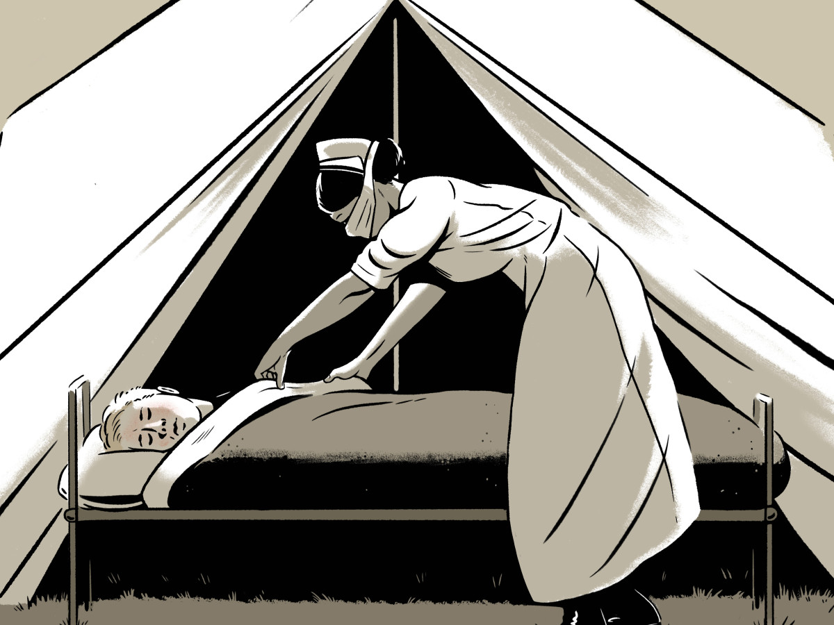 A nurse tucks a patient into a bed.