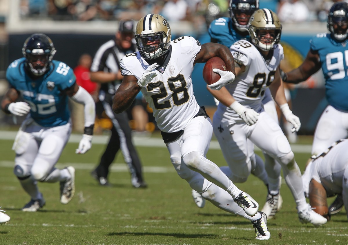 Oct 13, 2019; Jacksonville, FL, USA; New Orleans Saints running back Latavius Murray (28) runs the ball against the Jacksonville Jaguars during the second half at TIAA Bank Field. Mandatory Credit: Reinhold Matay-USA TODAY Sports