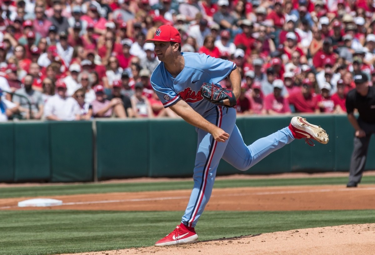 Mississippi Rebels pitcher Gunnar Hoglund (17) throws a pitch during the game against the Arkansas Razorbacks at Baum-Walker Stadium. Mandatory Credit: Brett Rojo-USA TODAY Sports