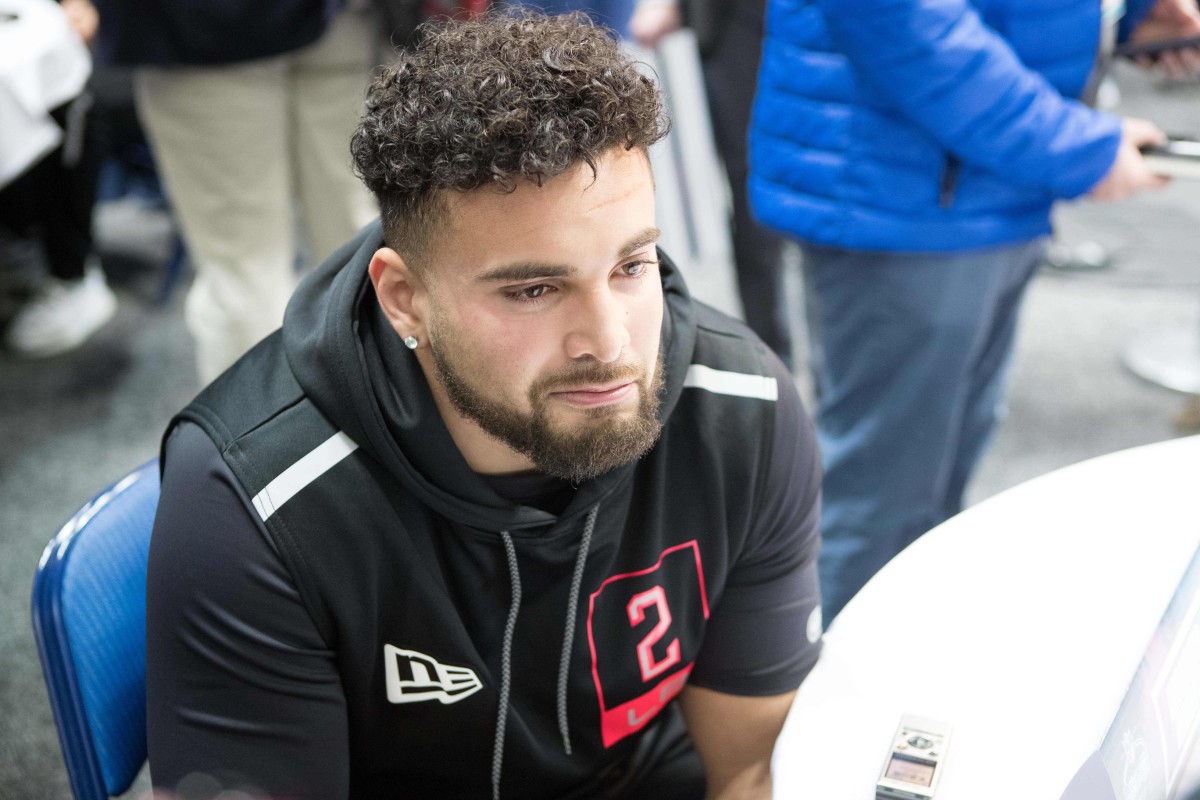 Feb 27, 2020; Indianapolis, Indiana, USA; Purdue linebacker Markus Bailey (LB02) speaks to the media during the 2020 NFL Combine in the Indianapolis Convention Center.