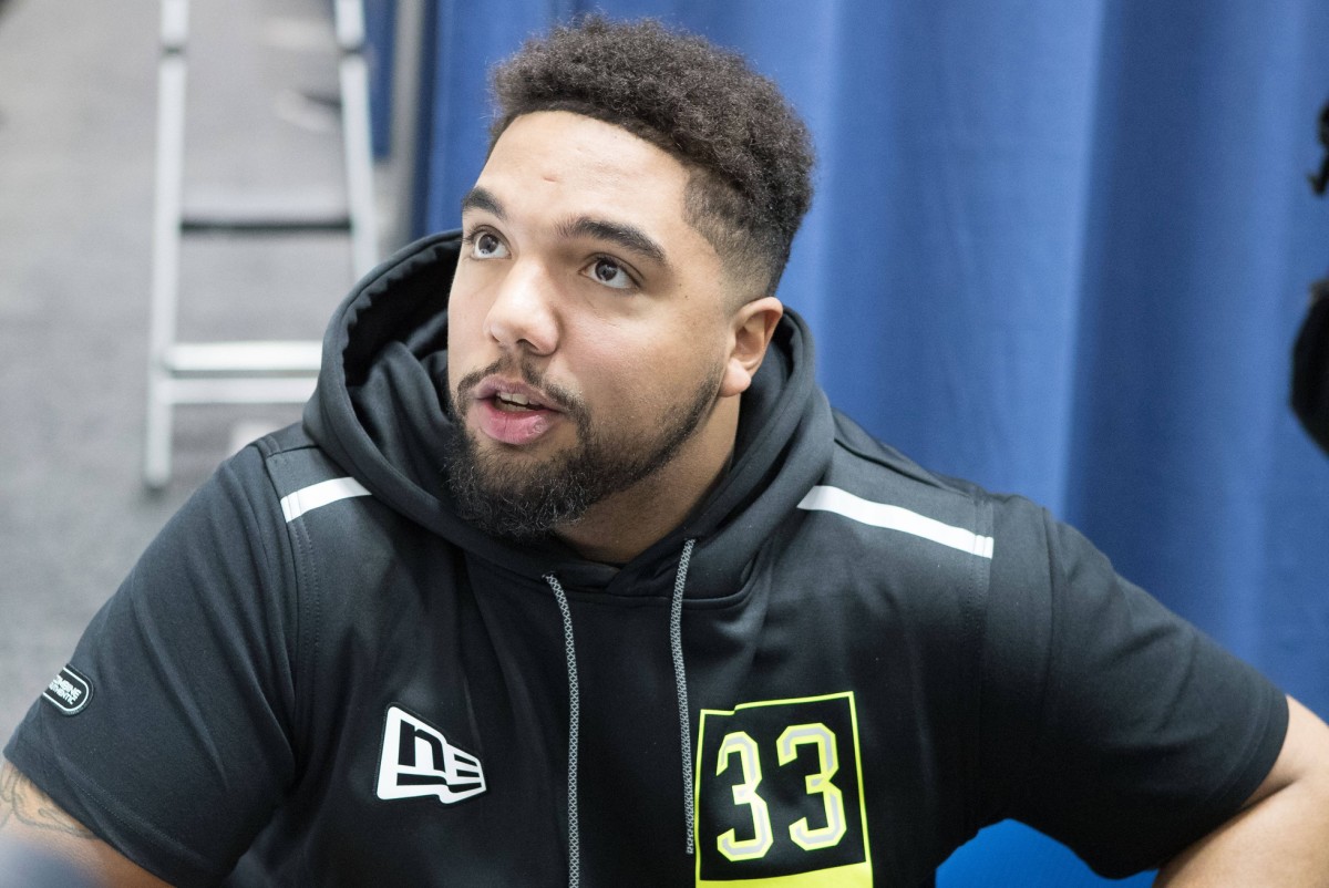 Feb 26, 2020; Indianapolis, Indiana, USA; Rhode Island offensive lineman Kyle Murphy (OL33) speaks to the media during the 2020 NFL Combine in the Indianapolis Convention Center.