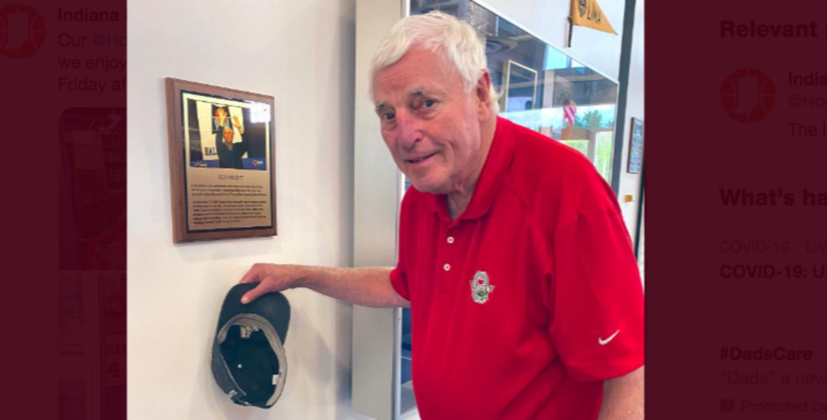 Bob Knight checks out his plaque at the Indiana Basketball Hall of Fame on Friday.