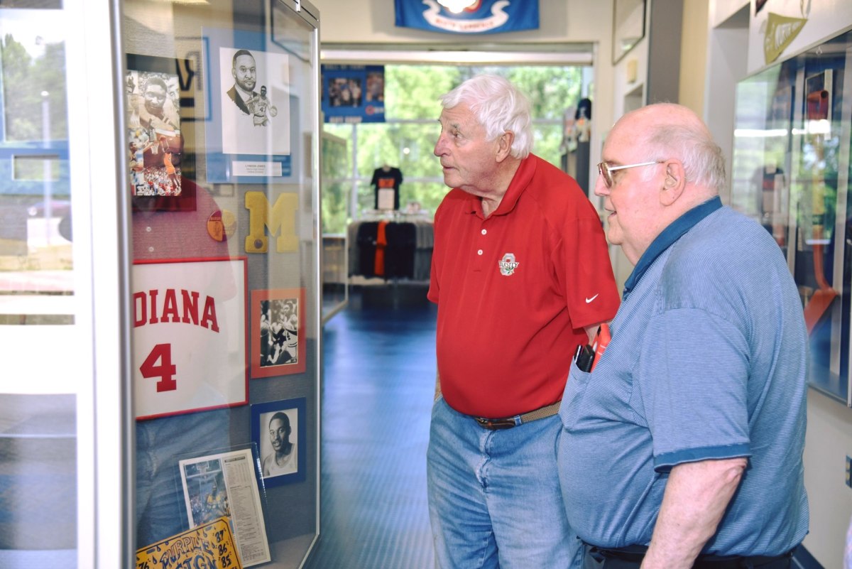Bob Knight and Bob Hammel check out a display at the Indiana Basketball Hall of Fame. 