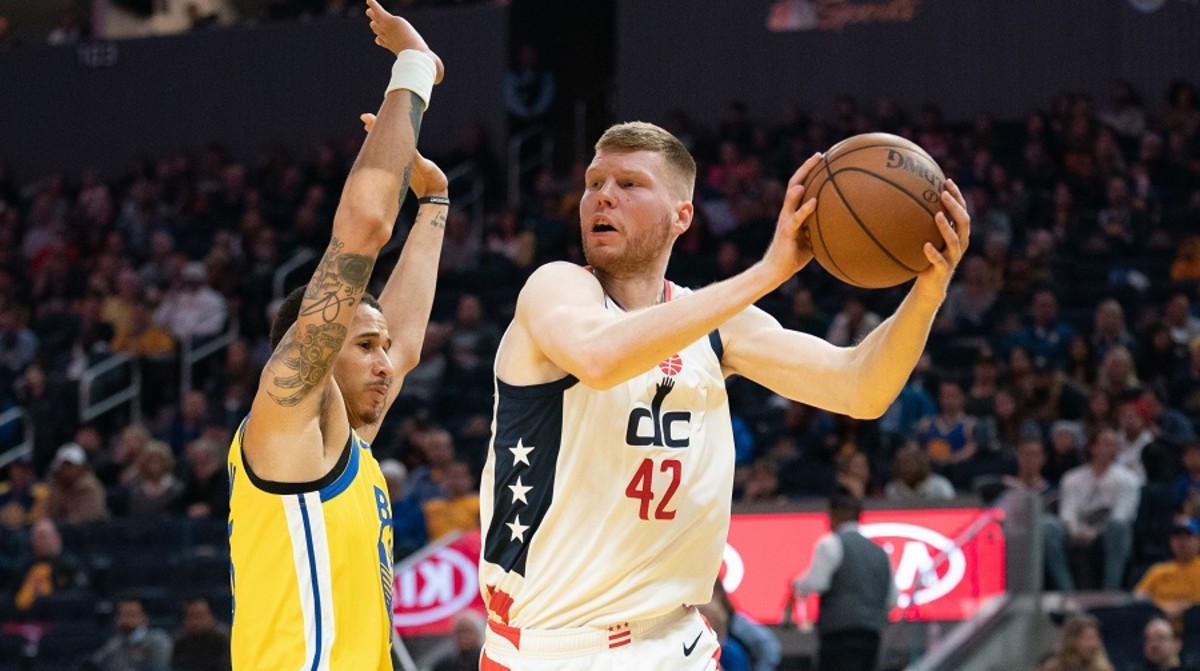 Washington Wizards forward Davis Bertans looks to pass against Golden State Warriors forward Juan Toscano-Anderson during a game earlier this season at Chase Center.