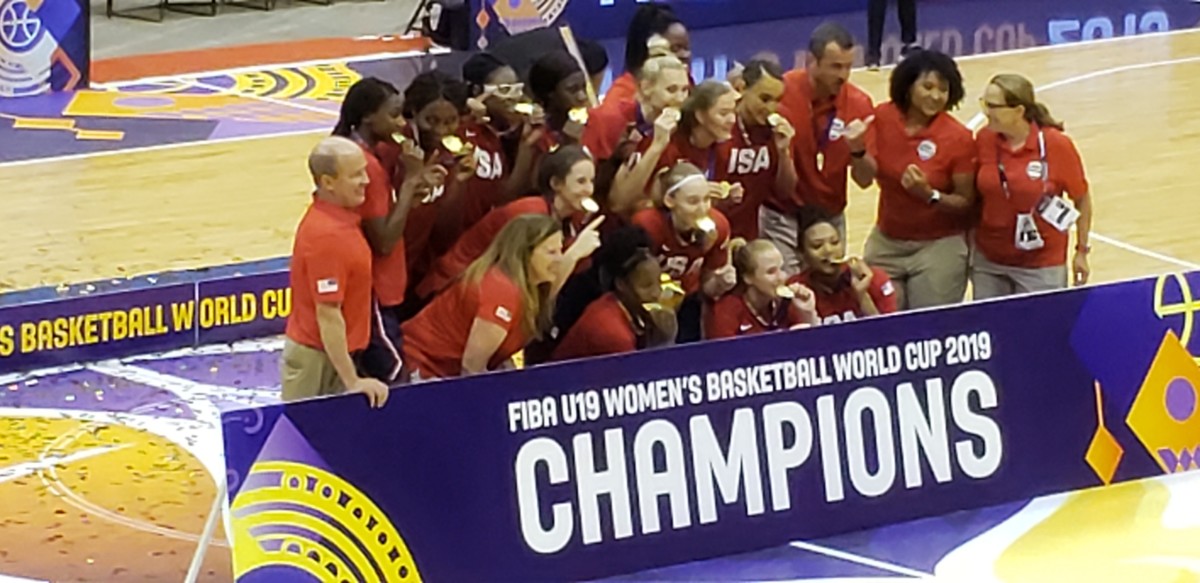 USA Basketball celebrates a U-19 gold medal victory over Australia in the 2019 FIBA World Cup.