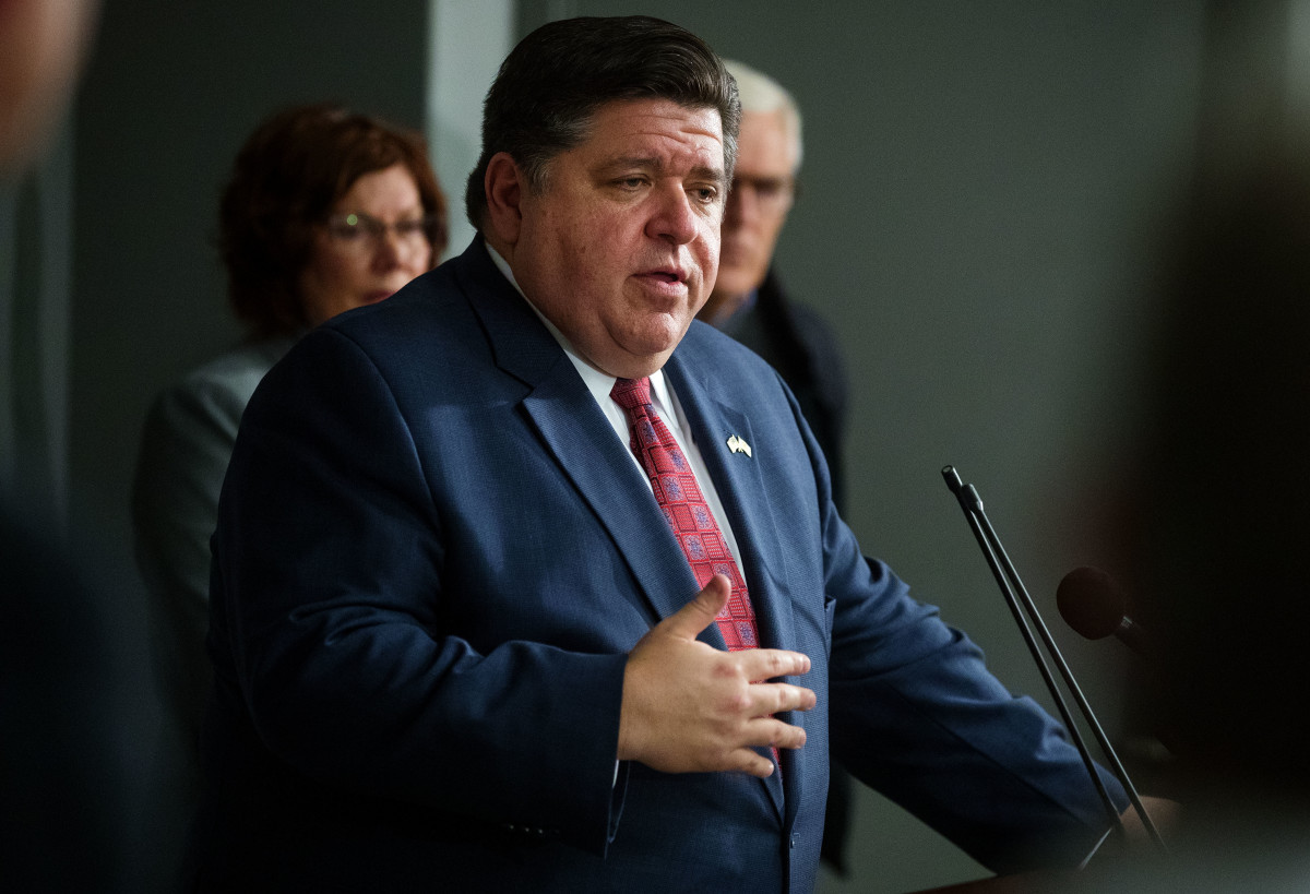 Illinois Gov. JB Pritzker addresses the media during a press briefing at the State Emergency Operations Center in Springfield, Ill., on March 16, 2020.