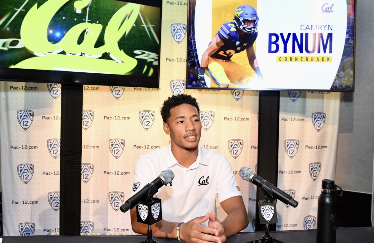 Cam Bynum visits with reporters at the 2019 Pac-12 Media Day