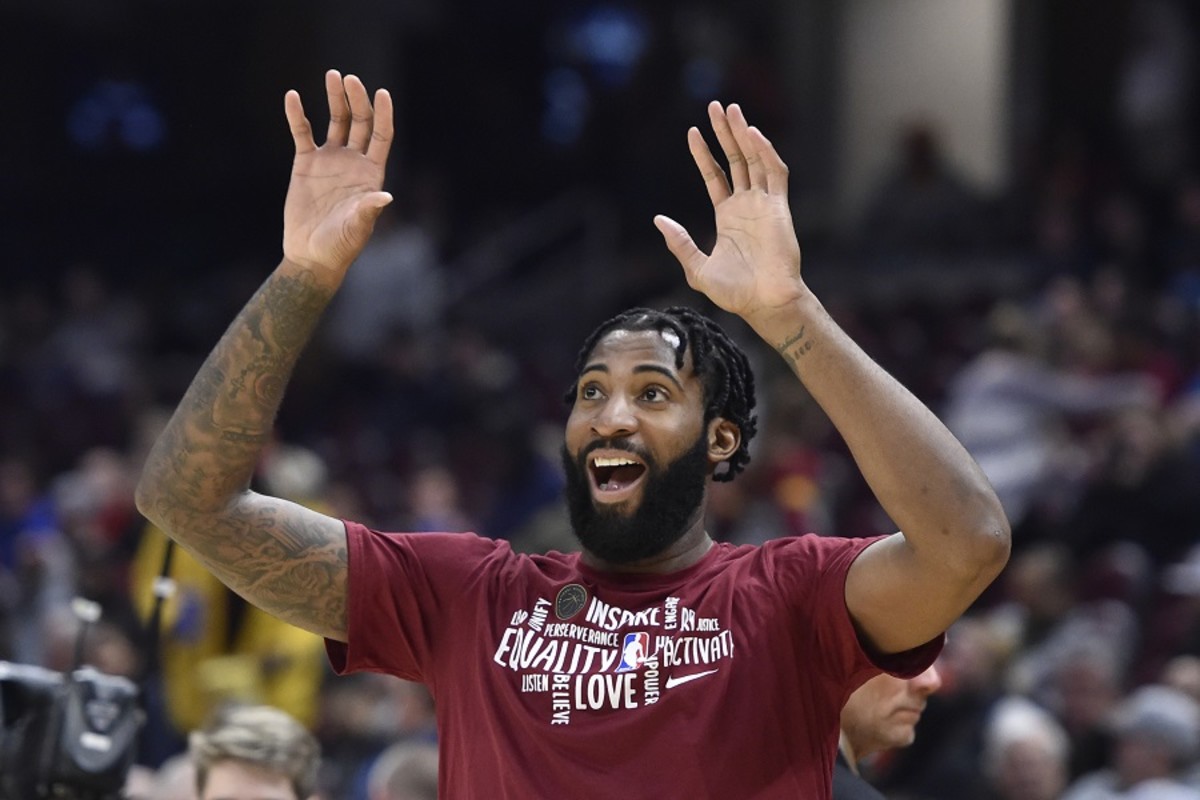 Cleveland Cavaliers center Andre Drummond reacts before a game against the Atlanta Hawks at Rocket Mortgage FieldHouse.