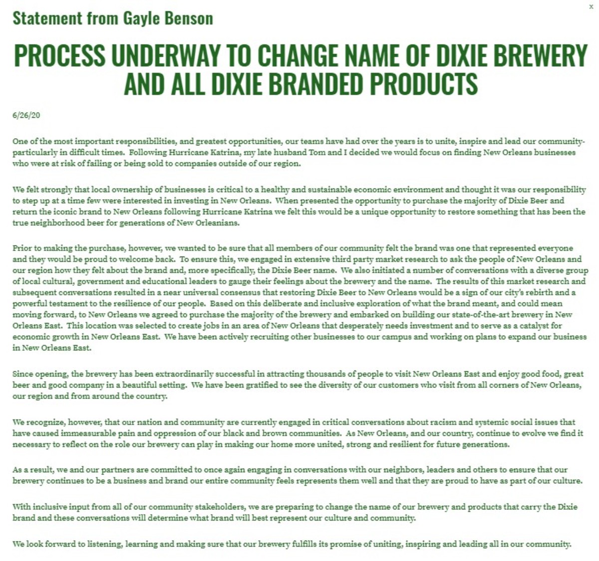 Gayle Benson Announcement on Dixie Beer Name Change