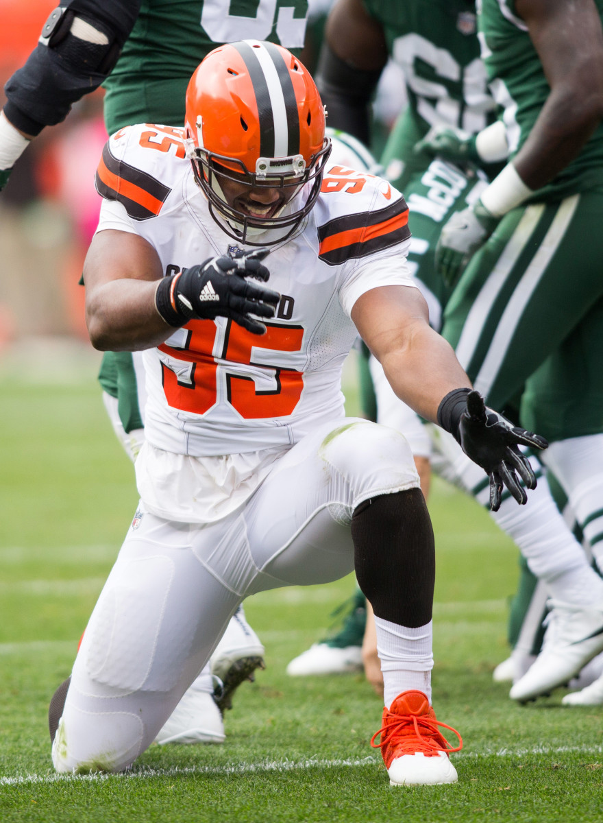 Browns defensive end Myles Garrett celebrates his sack against the Jets in 2017. That year, Garrett was the first pick in the NFL draft, and he's one of only five No. 1 picks the Browns have ever made.