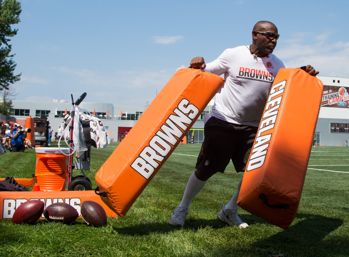 Former Browns running back Earnest Byner drags pads out to the field at the team's training facility in Berea during training camp in 2016. Byner was a 10th-round pick in 1984 but became a star for several Browns playoff teams.