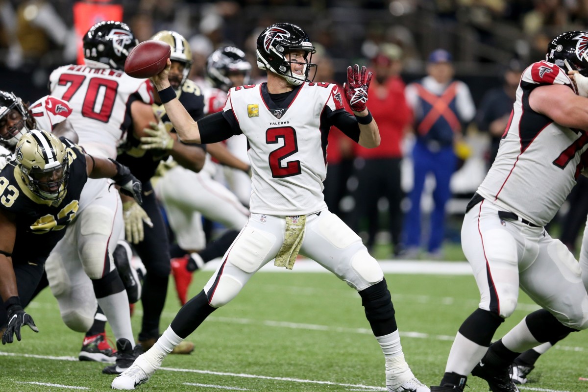 Nov 10, 2019; New Orleans, LA, USA; Atlanta Falcons quarterback Matt Ryan (2) throws a pass against the New Orleans Saints in the second half at the Mercedes-Benz Superdome. Mandatory Credit: Chuck Cook-USA TODAY Sports