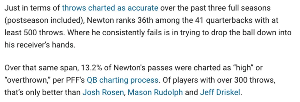 Newton has been injured, however, these stats are not flattering, per PFF.