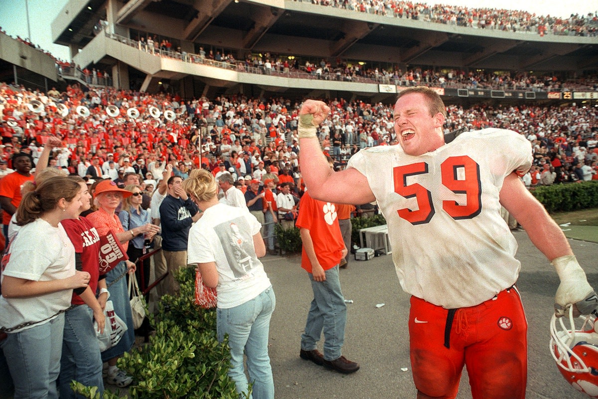 Clemson lineman Kyle Young after the Tigers won the 2005 game. Clemson Usc Big Game Rivalry. (© file, The Greenville News via Imagn Content Services, LLC)
