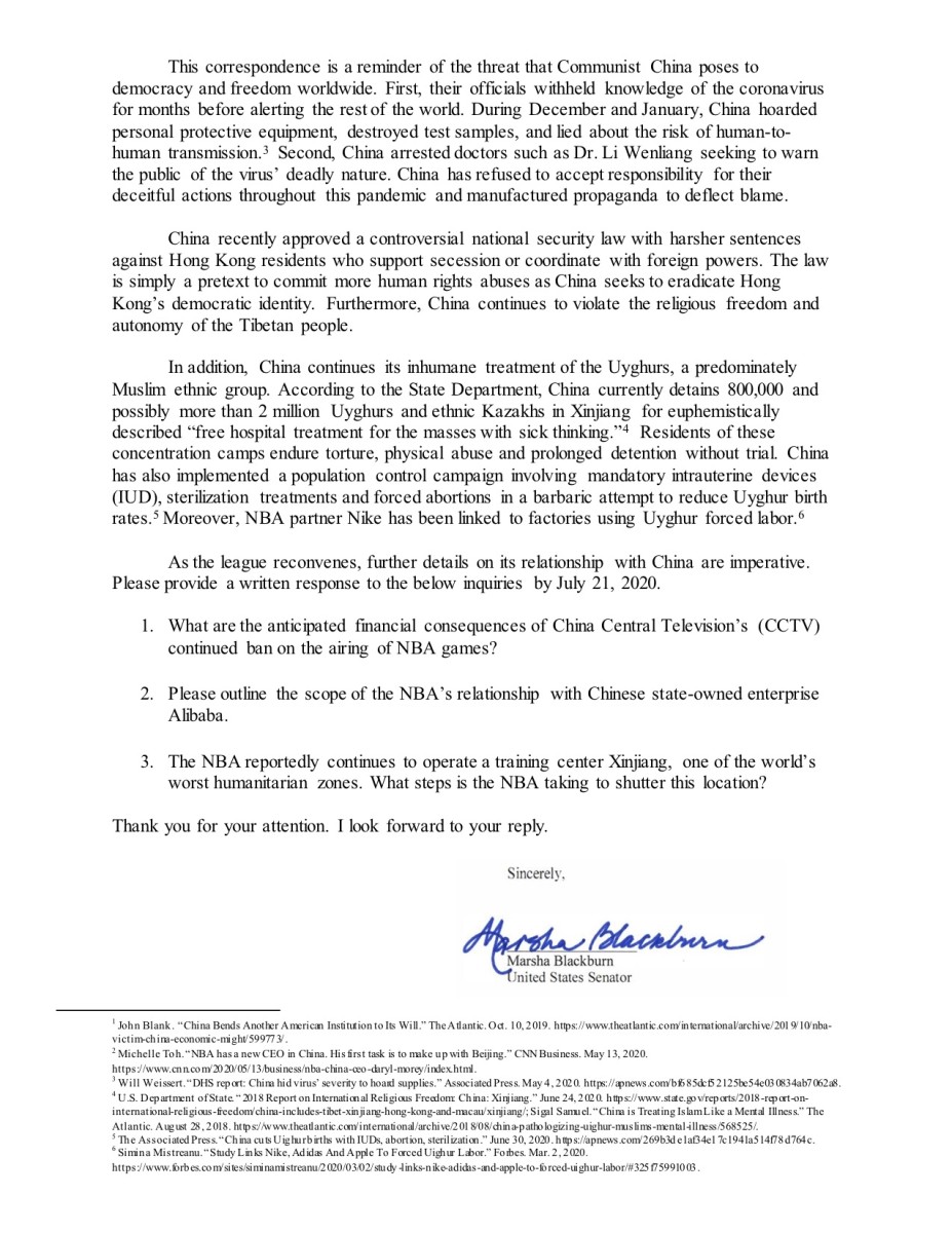 Blackburn NBA letter