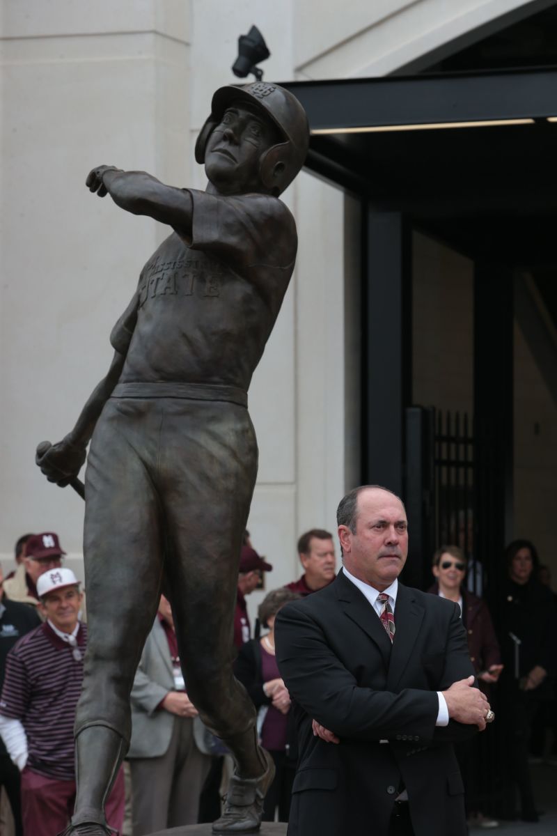 Will Clark stands in front a statue commemorating his time at MSU back in 2019. (Photo by Keith Warren)