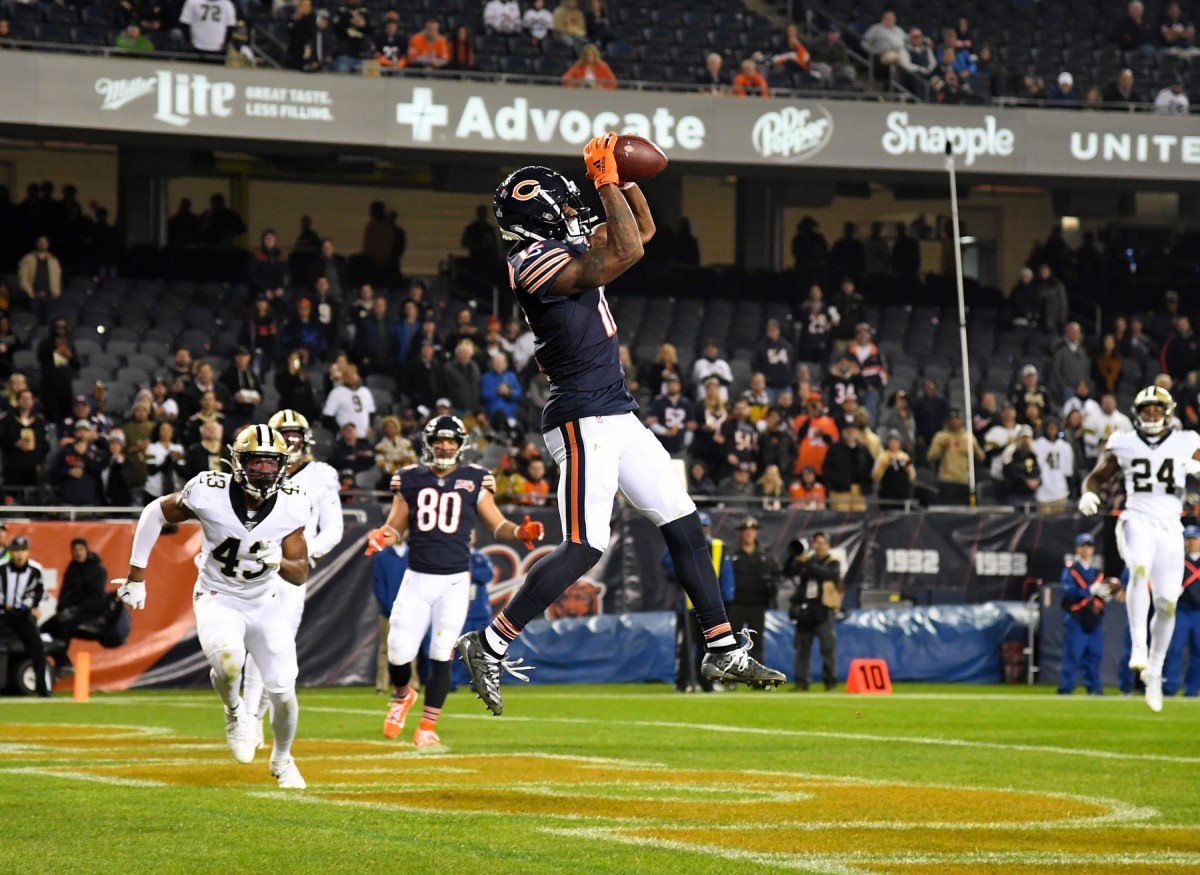 Oct 20, 2019; Chicago, IL, USA; Chicago Bears wide receiver Allen Robinson (12) makes a touchdown catch against the New Orleans Saints during the second half at Soldier Field. Mandatory Credit: Mike DiNovo-USA TODAY Sports