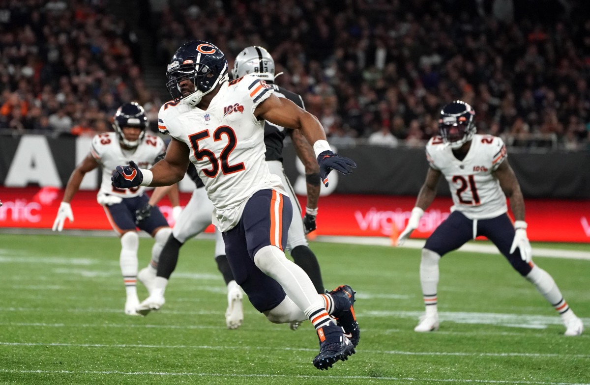 Oct 6, 2019; London, United Kingdom; Chicago Bears outside linebacker Khalil Mack (52) during an NFL International Series game against the Oakland Raiders at Tottenham Hotspur Stadium. The Raiders defeated the Bears 24-21. Mandatory Credit: Kirby Lee-USA TODAY Sports