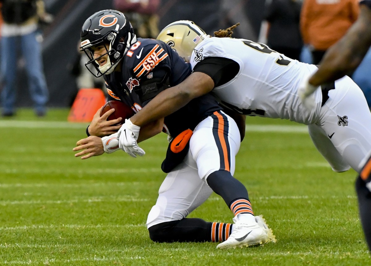 Oct 20, 2019; Chicago, IL, USA; Chicago Bears quarterback Mitchell Trubisky (10) is sacked by New Orleans Saints defensive end Cameron Jordan (94) during the first half at Soldier Field. Mandatory Credit: Matt Marton-USA TODAY Sports