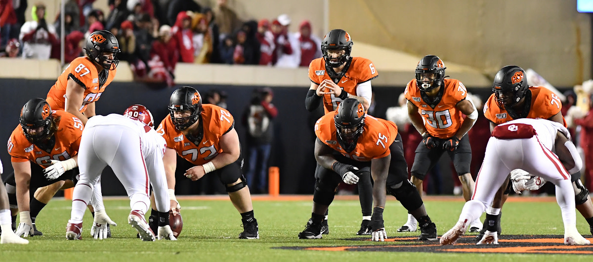 Dylan Galloway (76) lined up at left tackle against Oklahoma last season.