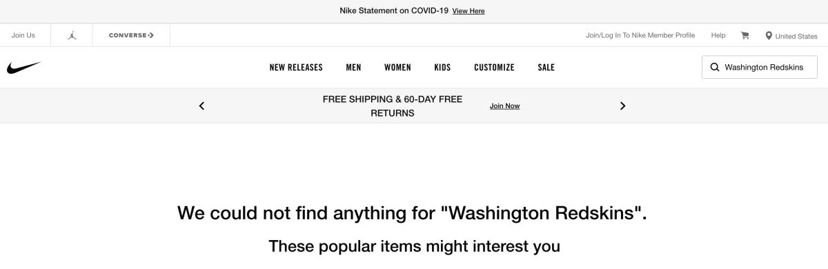 Screenshot on Nike's website showing no search results for Washington Redskins team gear