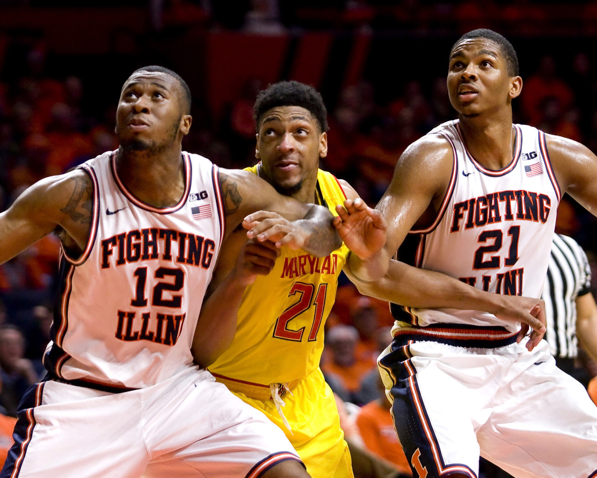 Illinois Fighting Illini forward Leron Black (12) and guard Malcolm Hill (21) box out Maryland Terrapins forward Justin Jackson (21) during the second half at State Farm Center. The Terrapins won 62-56. Hill and Black will represent the Illinois alumni team in The Basketball Tournament 2020 starting on July 4.