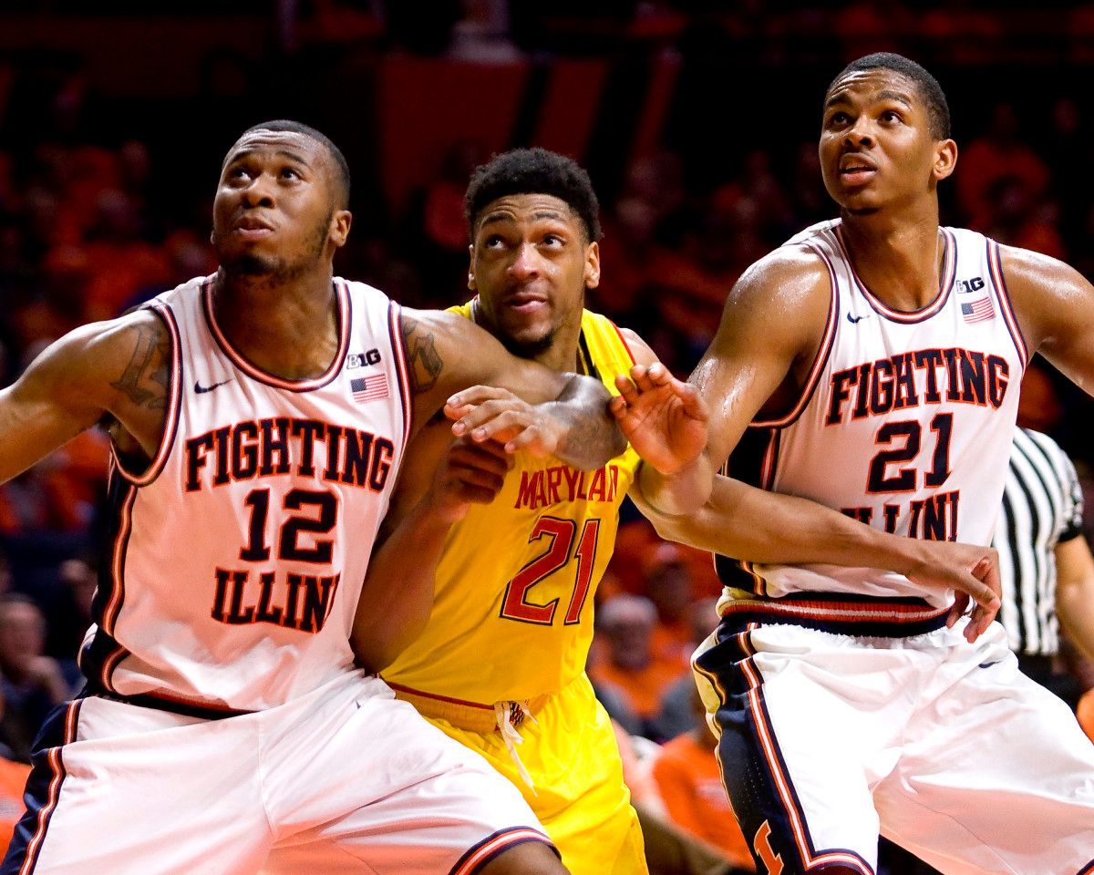 Illinois Fighting Illini forward Leron Black (12) and guard Malcolm Hill (21) box out Maryland Terrapins forward Justin Jackson (21) during the second half at State Farm Center. The Terrapins won 62-56. Hill and Black will represent the Illinois alumni team in The Basketball Tournament 2020 starting on July 4.