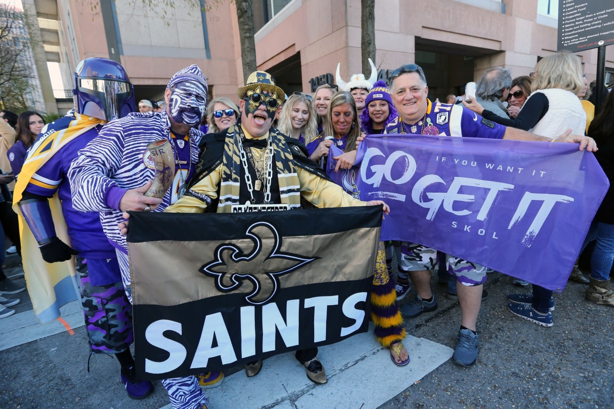 Jan 5, 2020; New Orleans, Louisiana, USA; Fans react outside the Mercedes-Benz Superdome before a NFC Wild Card playoff football game between the New Orleans Saints and the Minnesota Vikings. Mandatory Credit: Chuck Cook -USA TODAY Sports
