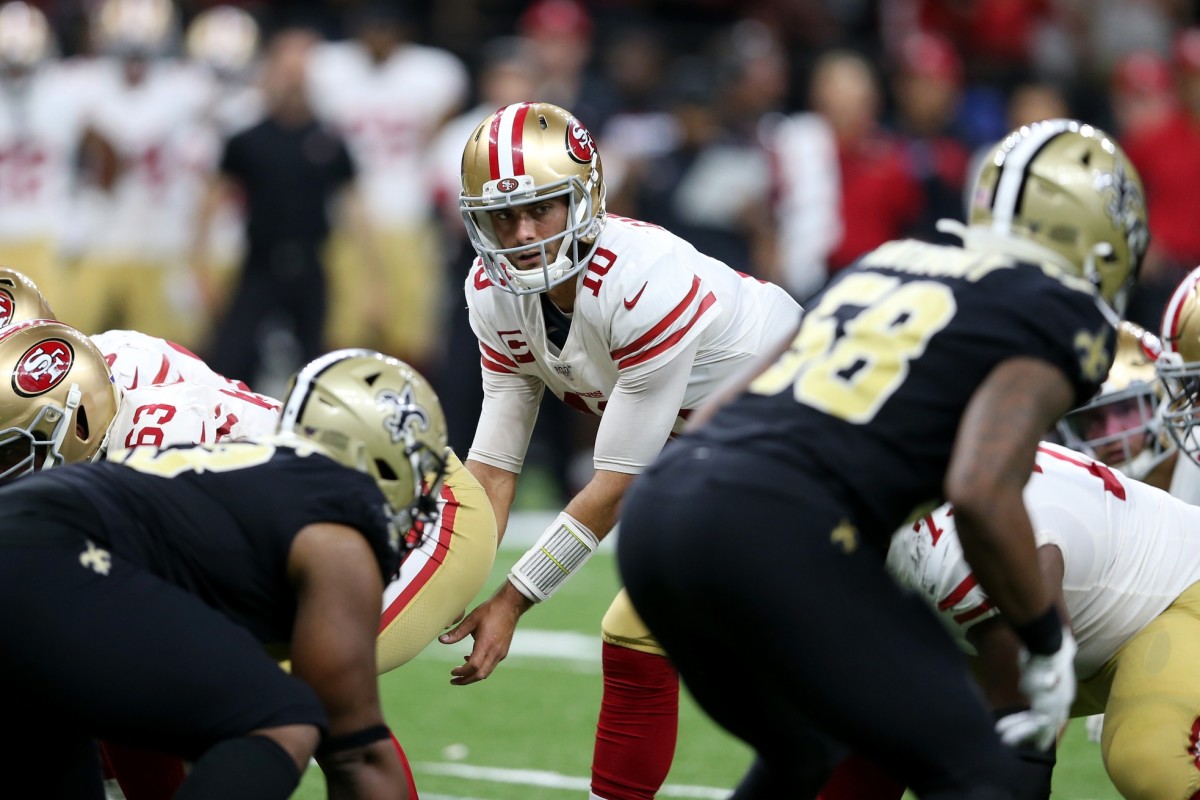 Dec 8, 2019; New Orleans, LA, USA; San Francisco 49ers quarterback Jimmy Garoppolo (10) waits for the ball to be snapped in the second half against the New Orleans Saints at the Mercedes-Benz Superdome. The 49ers won, 48-46. Mandatory Credit: Chuck Cook-USA TODAY Sports