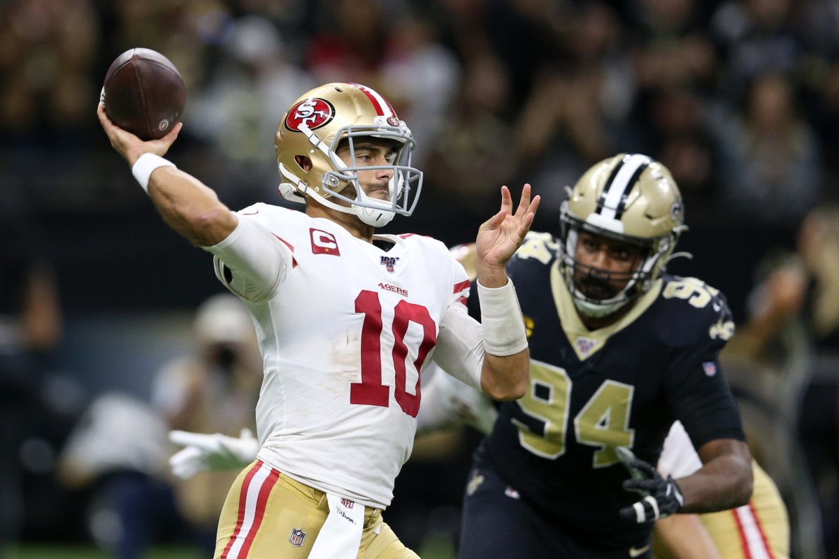 Dec 8, 2019; New Orleans, LA, USA; San Francisco 49ers quarterback Jimmy Garoppolo (10) throws the ball in the second quarter against the New Orleans Saints at the Mercedes-Benz Superdome. Mandatory Credit: Chuck Cook-USA TODAY Sports