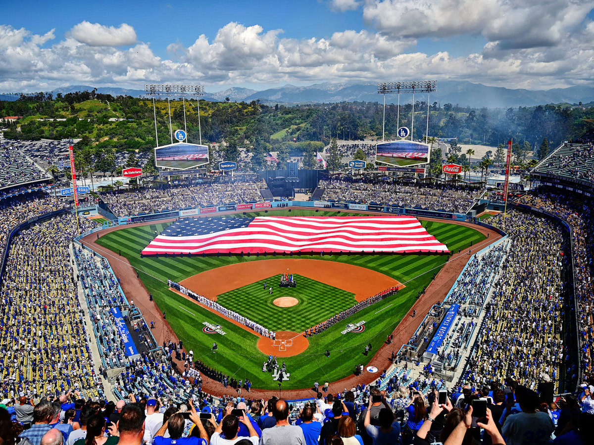 American flag on the field of Dodger Stadium.