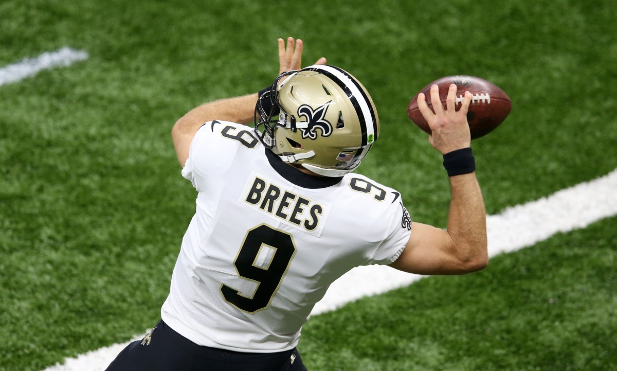 Oct 8, 2018; New Orleans, LA, USA; New Orleans Saints quarterback Drew Brees (9) warms up before a game against the Washington Redskins at the Mercedes-Benz Superdome. Mandatory Credit: Chuck Cook-USA TODAY Sports