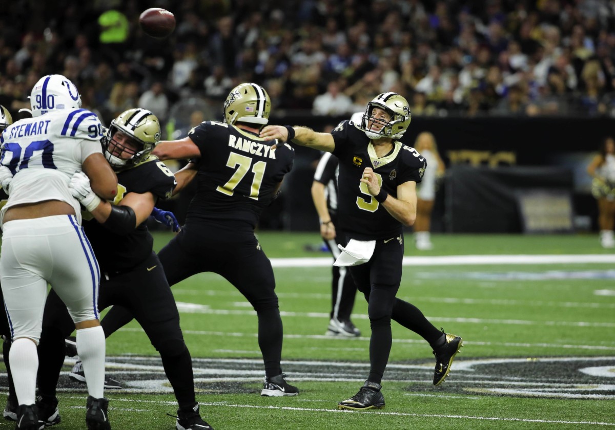 Dec 16, 2019; New Orleans, LA, USA; New Orleans Saints quarterback Drew Brees (9) throws against the Indianapolis Colts during the third quarter at the Mercedes-Benz Superdome. Mandatory Credit: Derick E. Hingle-USA TODAY Sports