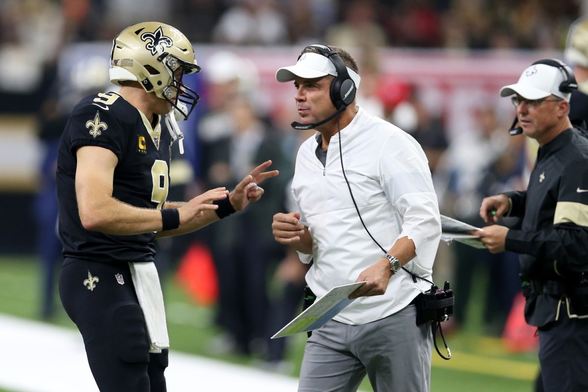 Sep 9, 2019; New Orleans, LA, USA; New Orleans Saints head coach Sean Payton talks to quarterback Drew Brees (9) in the second half against the Houston Texans at the Mercedes-Benz Superdome. Mandatory Credit: Chuck Cook-USA TODAY Sports