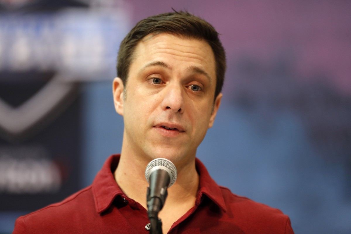 Feb 28, 2019; Indianapolis, IN, USA; Kansas City Chiefs general manager Brett Veach speaks to the media during the 2019 NFL Combine at the Indianapolis Convention Center. Mandatory Credit: Brian Spurlock-USA TODAY Sports